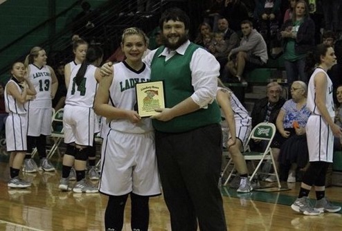 Lindsey Rose with Coach Bryant and 500 rebound plaque